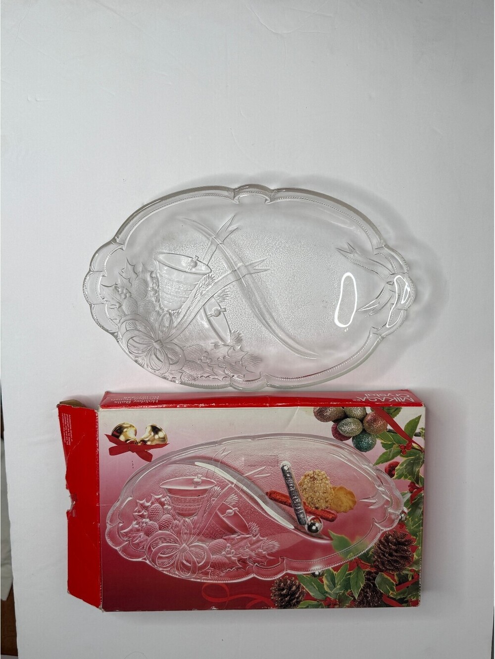 Vintage 1990's Mikasa Crystal Holiday Bells Divided Serving Dish, Made in Japan